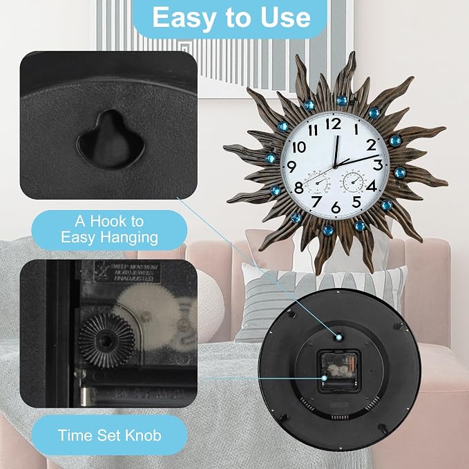 Garden Outdoor Clocks with Thermometer and Hygrometer Combo, Silent No-Ticking Outdoor Wall Clocks, Waterproof Outdoor Clocks Vintage Copper Sun, 18.5 Inch