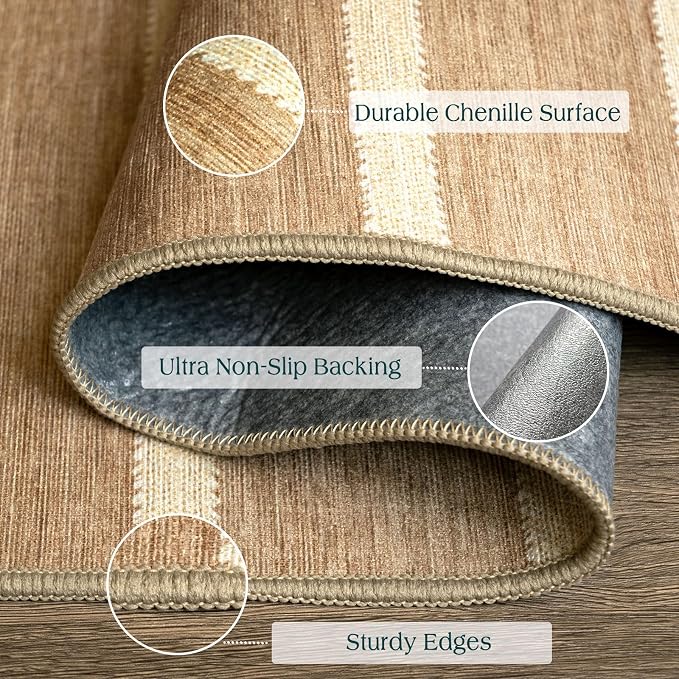 Striped 3x5 Entry Rug, Washable Indoor Outdoor Mats for Front Door | Non-Slip Porch Rug Tan Beige Cottage Farmhouse Small Rugs for Living Room Bedroom Entryway Kitchen Mudroom Office Porch Decor
