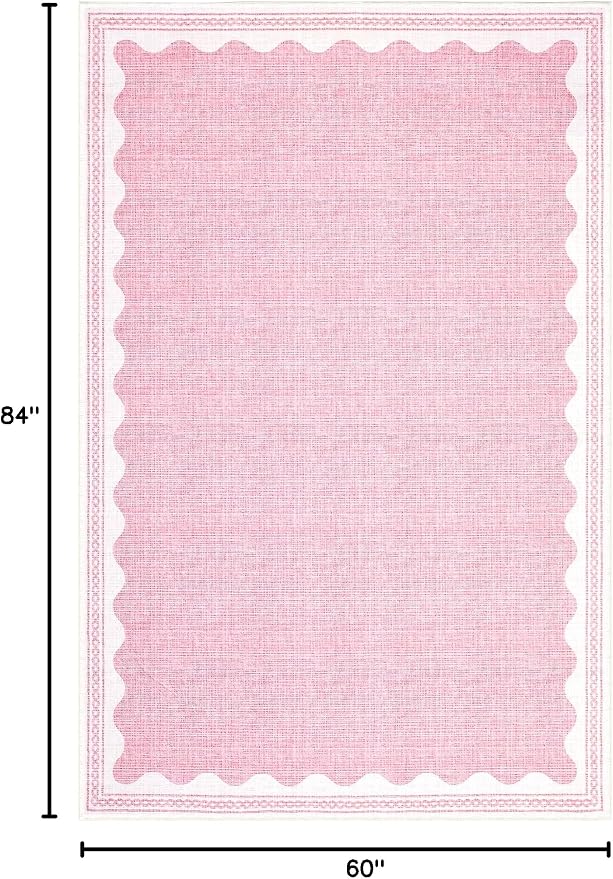 GarveeHome Washable Rugs 5x7 Area Rug for Living Room, Scalloped 5 x 7 Rug Solid Pink Modern Minimalism Low-Pile Carpet for Bedroom Dining Nursery Non Slip Mat with Rubber Back