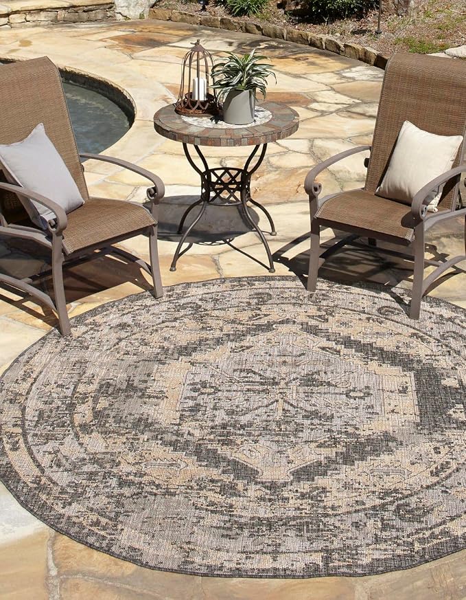 Unique Loom Outdoor Traditional Collection Area Rug - Valeria (10' Round, Charcoal/ Natural)