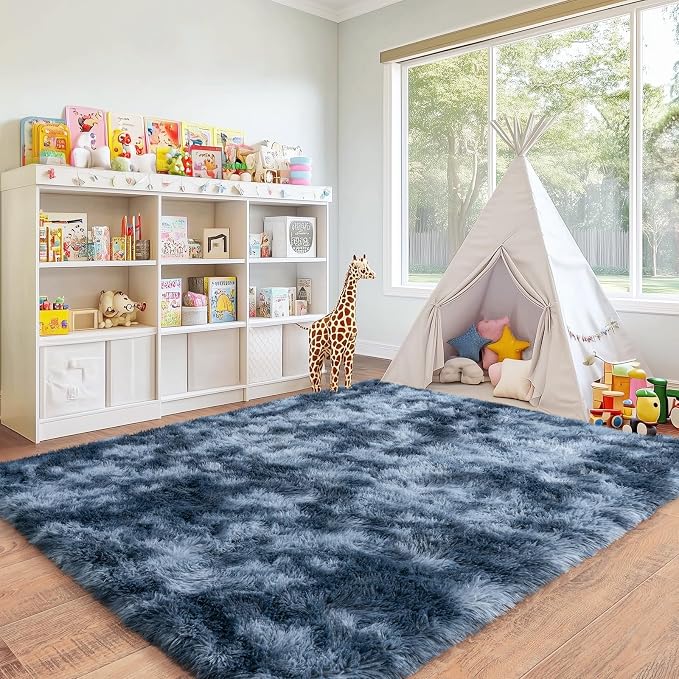 Rugs for Bedroom, Ultra Fluffy Fuzzy Shag 5x7 Area Rug for Living Room, Modern Plush Soft Upgrade Non-Slip Carpet for Kids Girls and Boys, Dorms, Nursery, Home Decor, Tie-Dyed Blue Grey