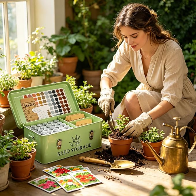60-Slot Metal Seed Storage Organizer Box, Seed Saving Box | 3 Compartments Organization, 60 Seed Envelopes & Labels, Seed Packet Storage, for Flower Vegetable Seeds, Garden Organizer