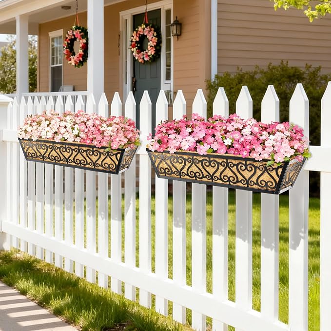 6 Pack 24 Inch Deck Railing Planter Box - Window Boxes Planters with Adjustable Brackets Coco Liners Balcony Planters Railing Hanging for Window Flower Boxes Outdoor Garden Decor