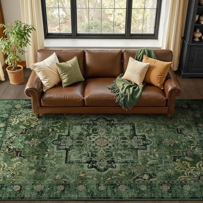 Dark Green 5x8 Area Rugs for Living Room Bedroom, Medallion Printed Vintage Distressed Low Pile Dining Room Carpet, Machine Washable Non Slip Rugs for Under Table/Kitchen/Foyer