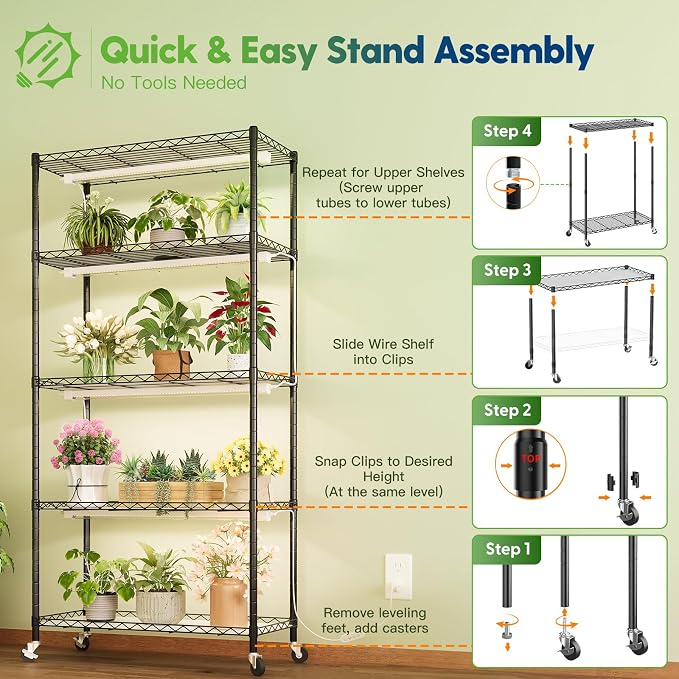FREELICHT DIY Plant Shelf with Grow Light, 5-Tier, 2FT 5000K 120W(4x30W), Full Spectrum, Metal Plant Stand with Adjustable Rack and Wheel, LED Grow Lights with Timer for Seed Starting 35.4x13.8x61.5IN