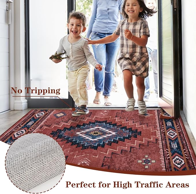 Yinhua 2x3 Area Rug Non-Slip, Western Entryway Rugs Low-Pile | Rust Aztec Washable Rug Stain Resistant, Soft Fall Front Door Rugs with Rubber Backing for Bathroom Kitchen Hallway