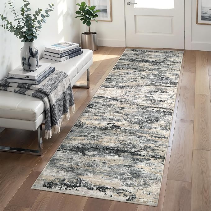 Tangsoo Grey 2x6 Washable Runner Rug, Abstract Non Slip Runner Rugs for Hallway, Modern Contemporary Indoor Soft Low Pile Rug Print Carpet Runners for Laundry Entryway Bedroom Kitchen Living Room