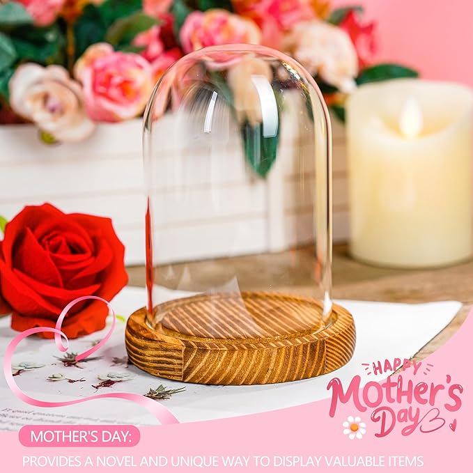 ZEERSHEE Small Cloche Glass Dome with Wooden Base, Glass Display Dome Bell Jar for Plants, Keepsakes, Collectibles and Home Decor, Mini Cloche for Fairy Lights & Preserved Flowers, 5.1" H x 3.9" W