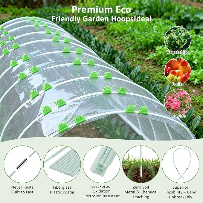 60pcs Greenhouse Hoops for Raised Beds, Fiberglass Garden Hoops Grow Tunnel | 8FT Flexible Fiberglass, Rust-Free Design, 40 Clips, Hoops for Garden Netting Row Cover and Shade Cloth, DIY Plant Support