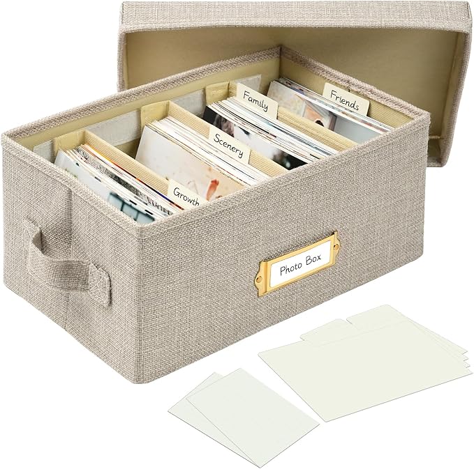 Linen Photo Storage Box with Adjustable Hook and Loop Dividers, Holds 850 4"x6" Photos, Collapsible Picture Organizer with Handle and Label Stickers, Memory Keepsake Box for Women, Beige