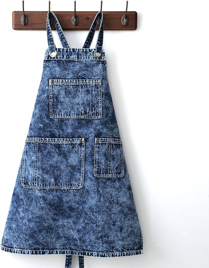 Jeanerlor - Special Washing Style Jean Apron for Men Denim Aprons with Towel Loop + Tool Pockets, Adjustable L to XXL(Blue-Black)