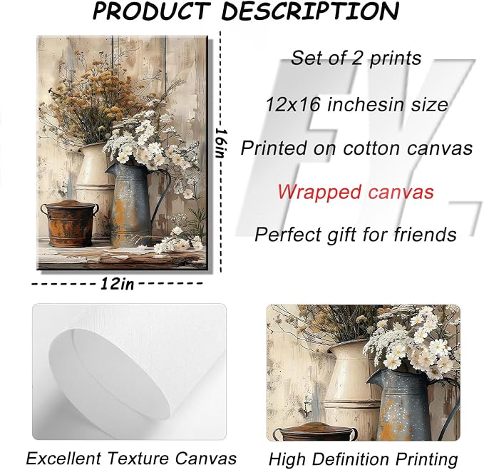 Rustic Farmhouse Daisy Canvas Wall Art Vintage Country Floral Posters Print Bathroom Flower Still Life Botanical Pictures Painting White Jasmine Flowers And Rust Color Watering Can Wall Decor Framed