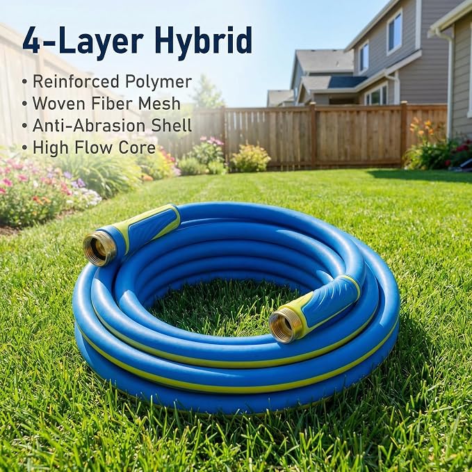 PremiumPro 25FT 5/8" Heavy Duty Reinforced Garden Hose, Large Flow,600 PSI Burst Pressure, Four Layer Hybrid Polymer Anti Kink with 360 Swivel Brass Connectors and handle for yard,washing & irrigation