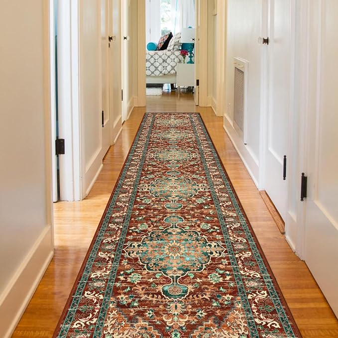 U'Artlines 2' x 12' Boho Hallway Runner Rug, Washable Carpet, Rust＆Teal | Non Slip, Long, Vintage Farmhouse Accent Area Rug Carpet, for Kitchen Entryway Laundry and Living Room