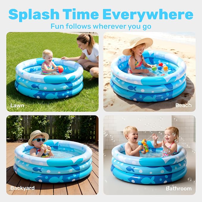 Sloosh Inflatable Kiddie Pool, 34"x10" Blow Up Kid Swimming Pool,3 Rings Blue Baby Pool for Toddler,Play Pit for Dog with Geometric Pattern for Summer Water Party Backyard Garden(Fish)