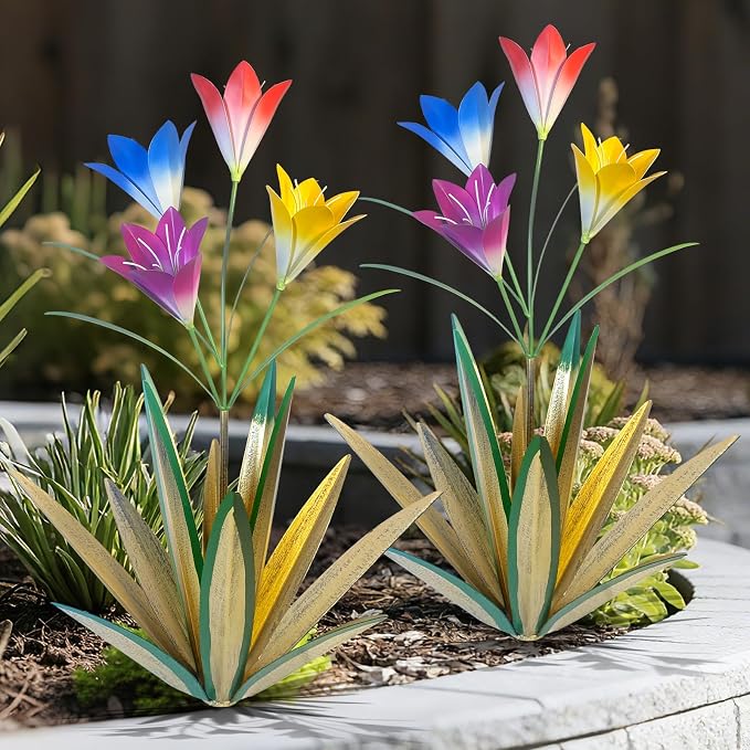 TOMBABY 32.28 Inch Metal Agave Plant Outdoor Decoration Lily Mexican Yard Art Garden Gift Home Decor Hand Painted Metal Agave Garden Yard Statue (2pc, Grass Green)