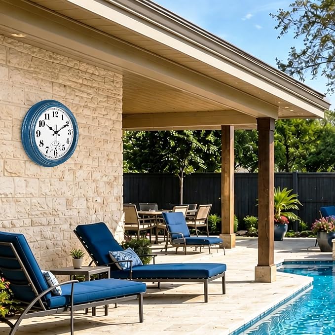 JENLYSTIME 12 Inch Indoor/Outdoor Retro Waterproof Wall Clock with Thermometer Silent Round Quartz Battery Operated Easy to Read Decorative for Kitchen Patio,Bathroom,Deck,Porch,Pool(Blue)