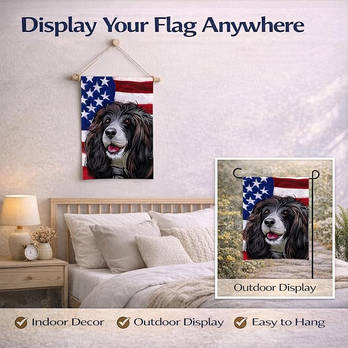 Caroline's Treasures CK6679GF Russian Spaniel Dog American Flag Garden Flag Mailbox Flag Decorative Yard Flag Banner Outside Patio Artwork Yard Flower Beds, Garden Size, Multicolor