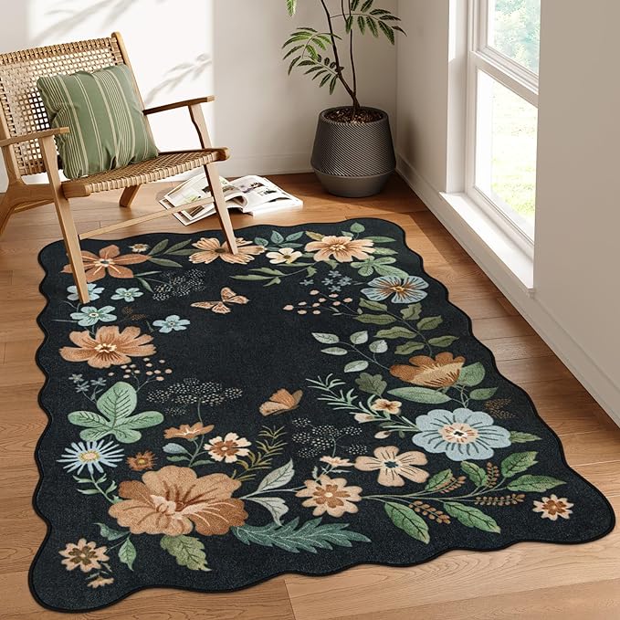 Lahome Floral Washable Rugs for Bedroom Entryway, 4X6 Living Room Rug | Ultra-Thin Non-Slip Soft Stain Resistant Boho Throw Carpet for Office Entryway Dining Room Flore (4x6ft, Black/Grey)