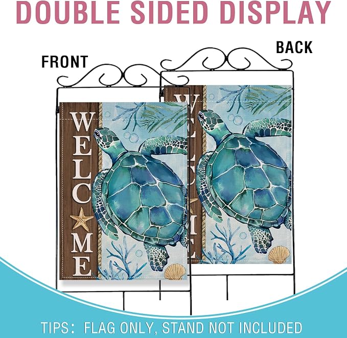 Artofy Welcome Summer Beach Sea Turtle Large Decorative House Flag, Coastal Ocean Farmhouse Yard Garden Outside Decor, Spring Nautical Starfish Coral Burlap Outdoor Home Decoration Double Sided 28x40