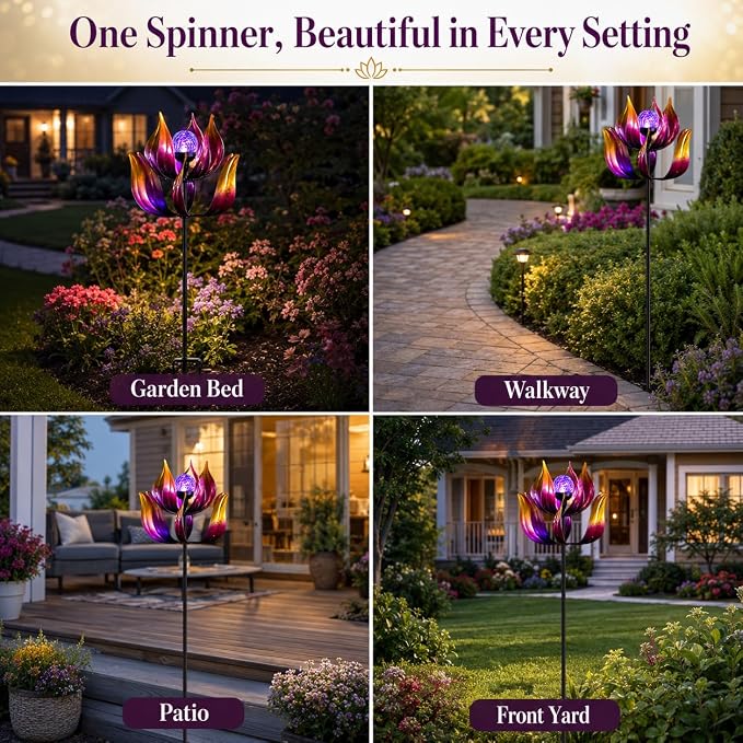Solar Wind Spinner Outdoor Metal Decor - 61" Tall Lotus Kinetic Yard Art with Color-Changing Crackle Glass LED Light, Dual-Directional Wind Catcher Lawn Ornament for Garden, Patio & Yard Gift