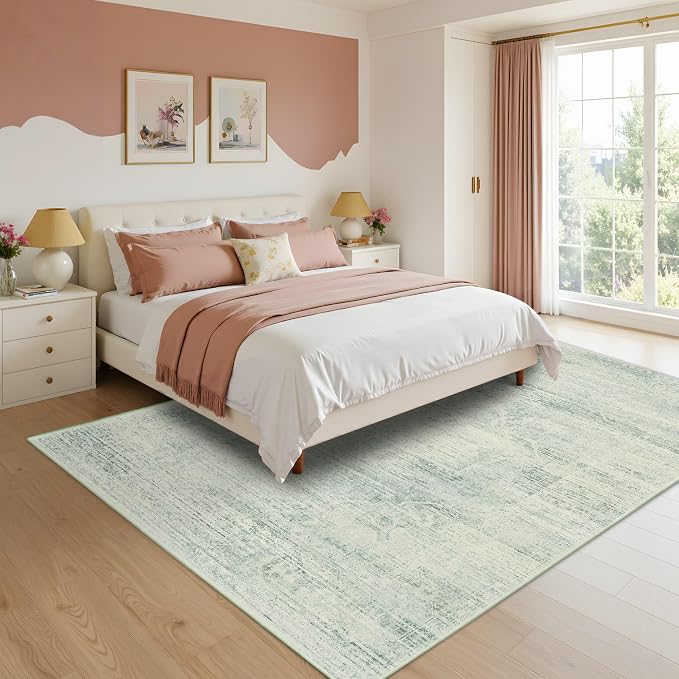 Latte&Fog Area Rugs 6x9 for Living Room, Washable Green Rugs for Bedroom | for Dining Kitchen Kids Playroom Nursery Classroom Dorm Farmhouse Office Non Slip Low Pile Soft Floral Indoor Vintage Carpet