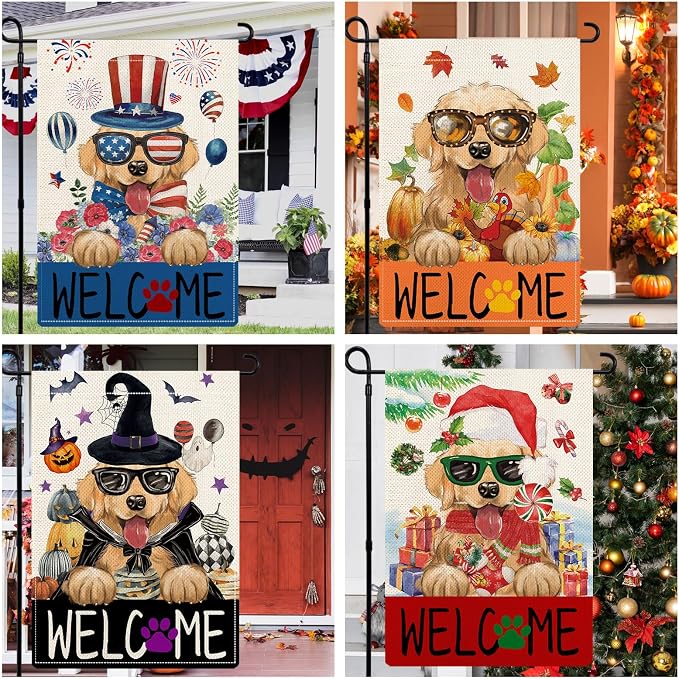 Golden Retriever Garden Flags for Outside Set of 12, Puppy Dog Welcome Garden Flags 12x18 Double Sided for All Seasons and Holidays, Spring Easter Yard Lawn Flags for Farmhouse Outdoor Decor
