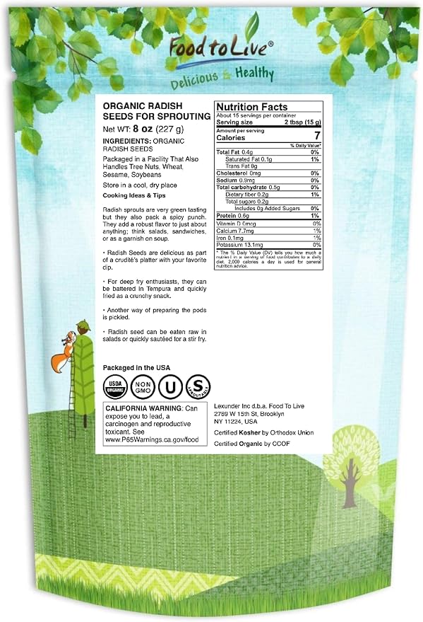 Food to Live Organic Radish Seeds for Sprouting, 8 Ounces Non-GMO, Edible Seeds, Pure, Vegan, Kosher, Bulk. Spicy, Rich in Vitamin C. High Germitation Rate. Grow Sprouts, Microgreens for Salad