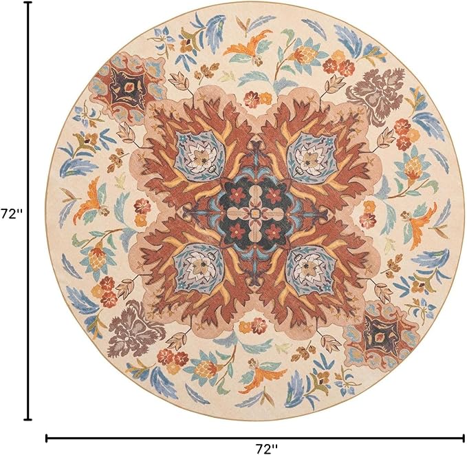 Phantoscope Washable Round Area Rug 6ft Non-Slip, Vintage Boho Rugs for Living Room, Bedroom, Dining Room, Fall Orange Floral Medallion Pattern, Low-Pile Foldable Floor Carpet, Rust/Multi Floral