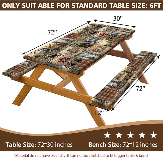 Picnic Table Cover with Bench Covers 6FT 3PCS, Camping Essentials,Rectangle Fitted Camping Tablecloth Waterproof with Elastic Edge for Indoor Outdoor Patio, 60in, Brown