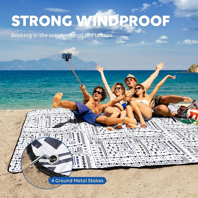 ZAZE Picnic Blankets Beach Blanket with Stakes, Thick 3-Layer Waterproof Sandproof 80 * 80 Oversized Mat, Foldable Extra Large Big, Machine Washable Accessories for Outdoor Camping Park (Black Blue)