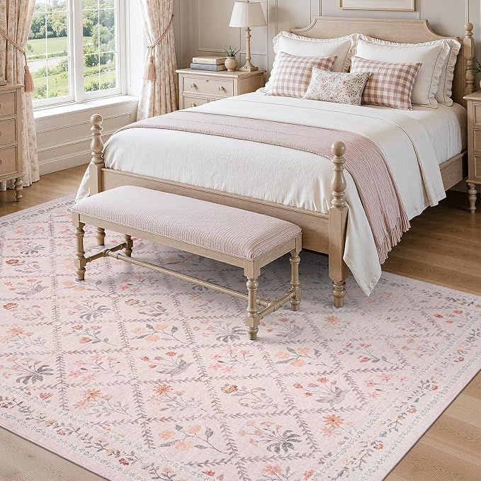 DCX Washable 8x10 Pink Floral Rug for Girls Bedroom | Soft Cottagecore Rug for Baby Girl Nursery, Non Slip Low Pile, Kid & Pet Friendly Vintage Botanical Carpet