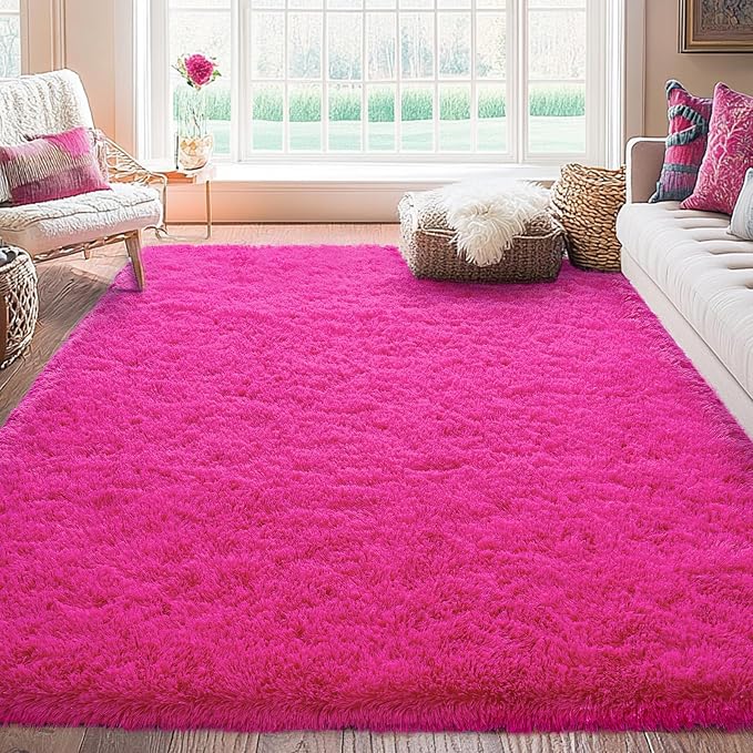 Soft Shag Fluffy Living Room Rug 5x7 Hot Pink Washable | Upgrade Non-slip, 5 x 7 Shaggy Rugs for Girls Bedroom Nursery, High Pile Fuzzy Plush Carpet Kids Room Dorm, Flame Resistant