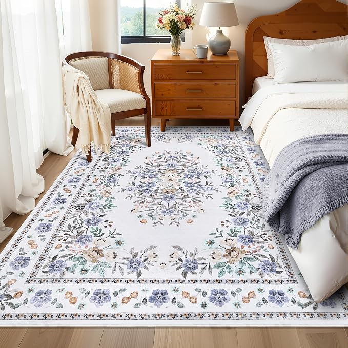 GarveeHome 3x5 Floral Rug for Nursery Vintage Flower Leaf Bordered Carpet | Machine Washable Non-Slip Low Pile Throw Floor Cover Colorful Beige Area Rug for Bedroom Living Room Dining