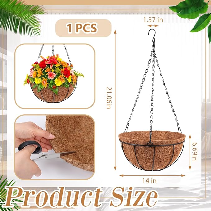 Dandat 1 Piece 14 Inch Metal Hanging Planter Basket with Coconut Coir Liner Metal Wire Plant Holder Chain Watering Outdoor Hanging Pots Flower Pot Hanger for Porch Indoor Outdoor Garden Decorations