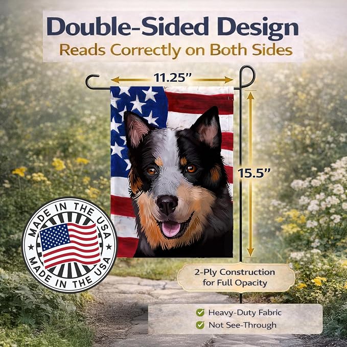 Caroline's Treasures CK6413GF Australian Stumpy Tail Cattle Dog American Flag Garden Flag Mailbox Flag Decorative Yard Flag Banner Outside Patio Artwork Yard Flower Beds, Garden Size, Multicolor