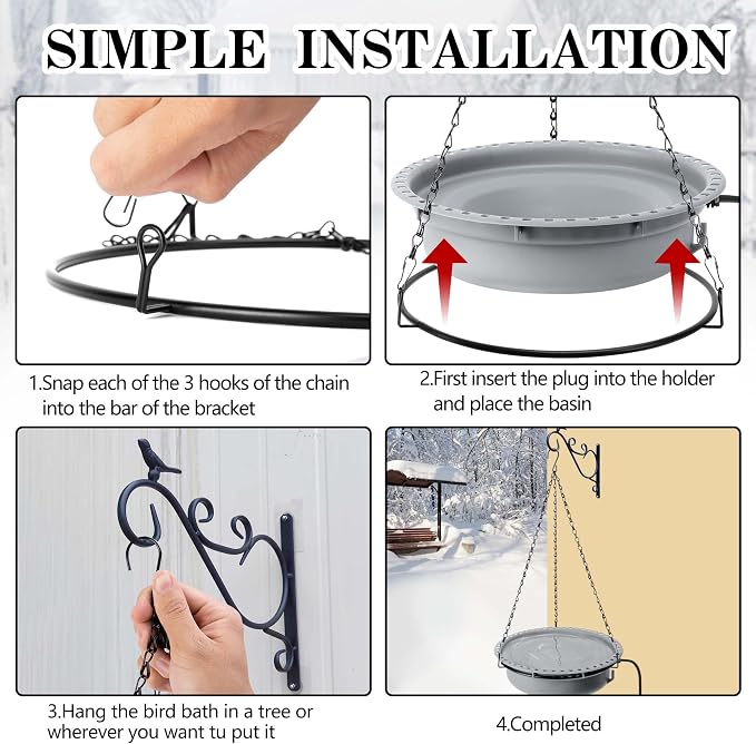 Adnee Hanging Heated Birdbath for Winter Outdoor, 100W Thermostatical Heated Bird Bath with Power Cord, Hanging Garden Bird Bath for Outside Patio Yard Decoration