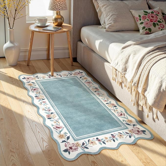 Lahome Floral Blue Kitchen Rug 2x3, Small Scalloped Entryway Rug | Non Slip Washable Rug, Ultra-Thin Front Door Rug for Entrance, Boho Stain Resistant Throw for Bathroom Bedroom Ariele (Blue)
