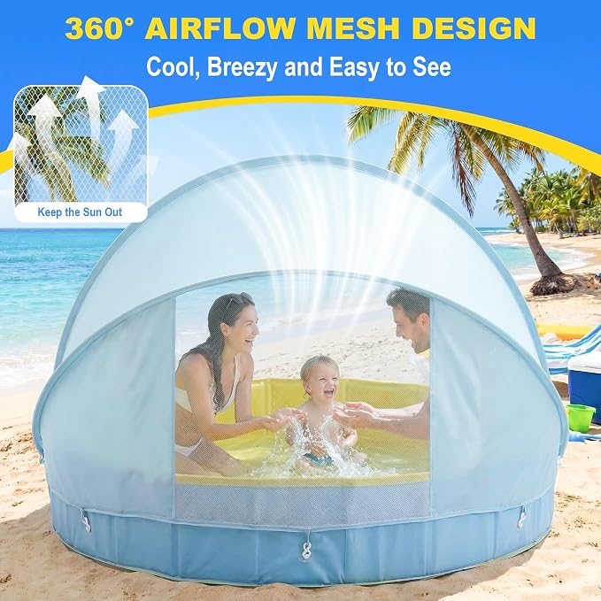 Kiddie Pool with Canopy, Large Foldable Pool Detachable UPF 50+ Sunshade | 77in Pool, Removable Sunshade, Foldable, Non Slip, Swimming Pool Beach Essentials Tent with Shade for Outdoor Backyard Beach