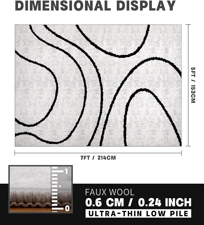 Modern Area Rugs for Bedroom,5x7 Washable Black and White Rug, Thin Abstract Geometric Minimalist Striped Rug, Black Rugs for Bedroom,Kitchen,Dining Room Office