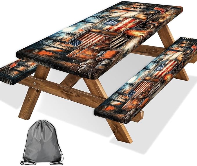 American Flag Picnic Table Cover with Table Cover, Elastic Tablecloth for Outdoor Picnic Tables, RV Camping Forest Design, Tablecloth for Camping, Barbecue and Terrace Dining, 30x60 Inch