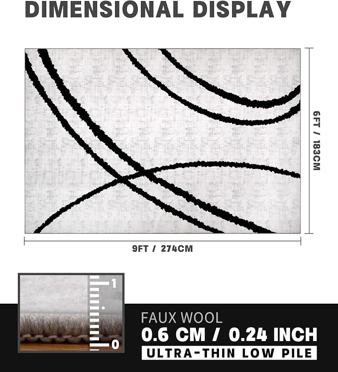 Modern Area Rugs 6x9, Washable Black and White Rug, Thin Abstract Geometric Minimalist Striped Rug, Black Rugs for Living Room,Bedroom,Kitchen,Dining Room,Office