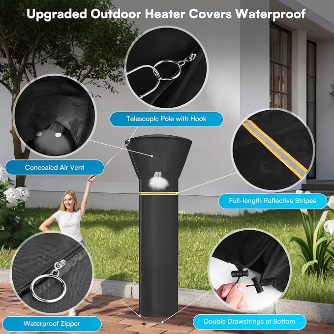 Patio Heater Cover - 420D Heavy-Duty Waterproof Anti-UV Fabric, Windproof Design with Zipper, Top Vent & Hem Drawstring,Outdoor Heater Cover Fit for Most Patio Heaters & Radiators