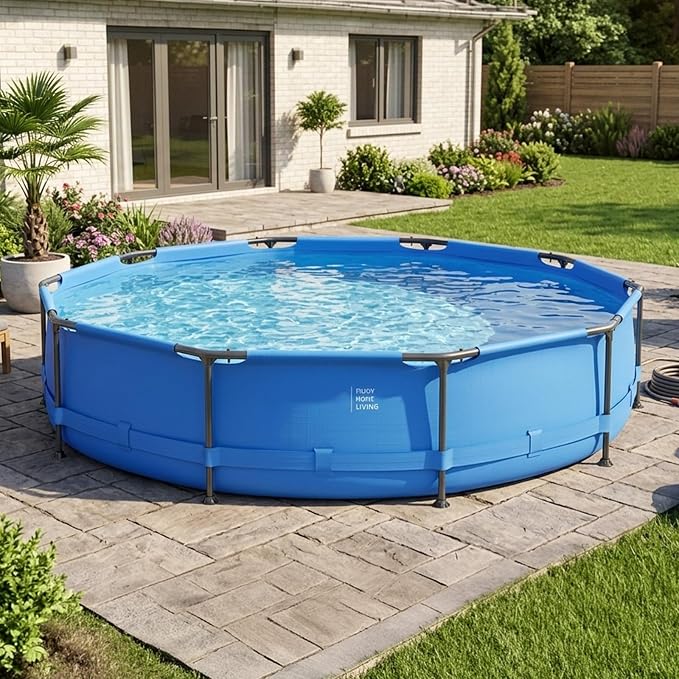 Round Above Ground Swimming Pool Set, Summer Large Swimming Pool with Iron Frame Outdoor Backyard Pools for Adults and Family (12ft x 30in)