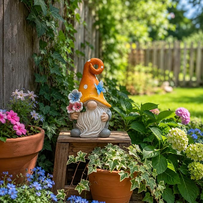 Solar Garden Gnome Statue: Outdoor Figurine with Flower Light | IP65 Waterproof Resin, LED Lighted Butterfly, Yard Lawn Porch Balcony Patio Home Decor, Gifts for Mom Women Grandma