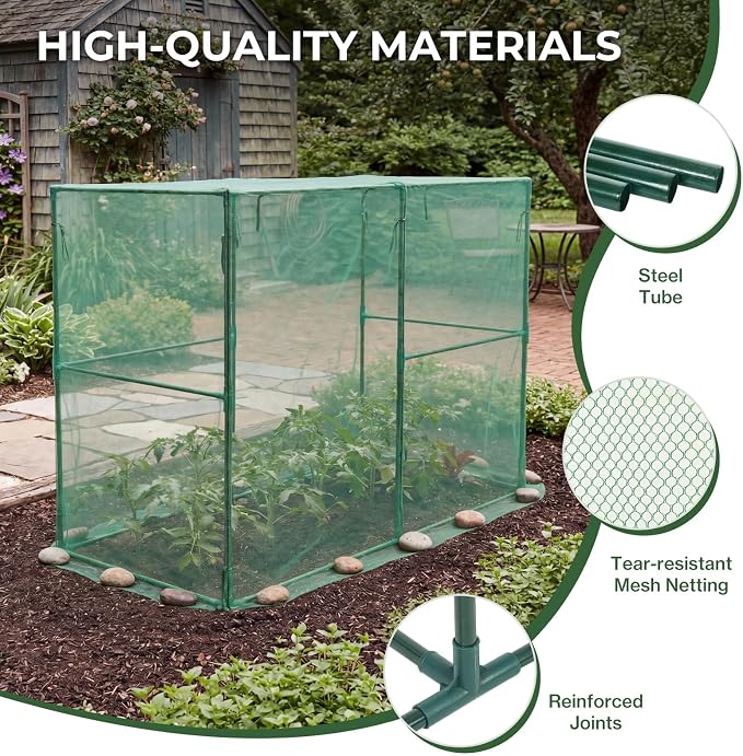 Aoodor 8x4x6 FT Crop Cage, Plant Protection Tent with Heavy Duty Steel Frame and Zippered Doors, Green Netting Cover for Garden, Lawn, Yard