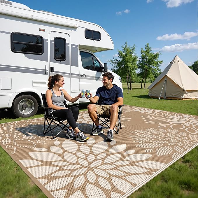 HEBE Waterproof Outdoor Rug 8x10 for Patios, Floral Reversible Plastic Straw Rug Patio Mat, Indoor Outdoor Carpet RV Mat Camping Rug for Deck, Camper, Porch, Balcony, Backyard, Picnic