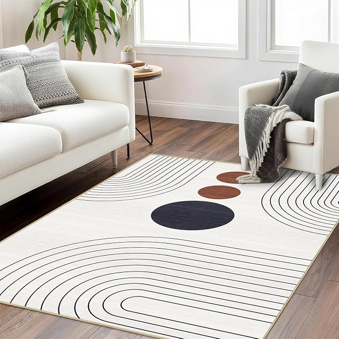Boho Rug 3x5 Modern Geometric Minimalist Abstract Line Area Rug for Entryway Living Room Ivory Cream Mid Century Modern Machine Washable Non-Slip Printed Low-Pile Floor Carpet for Kitchen Bedroom