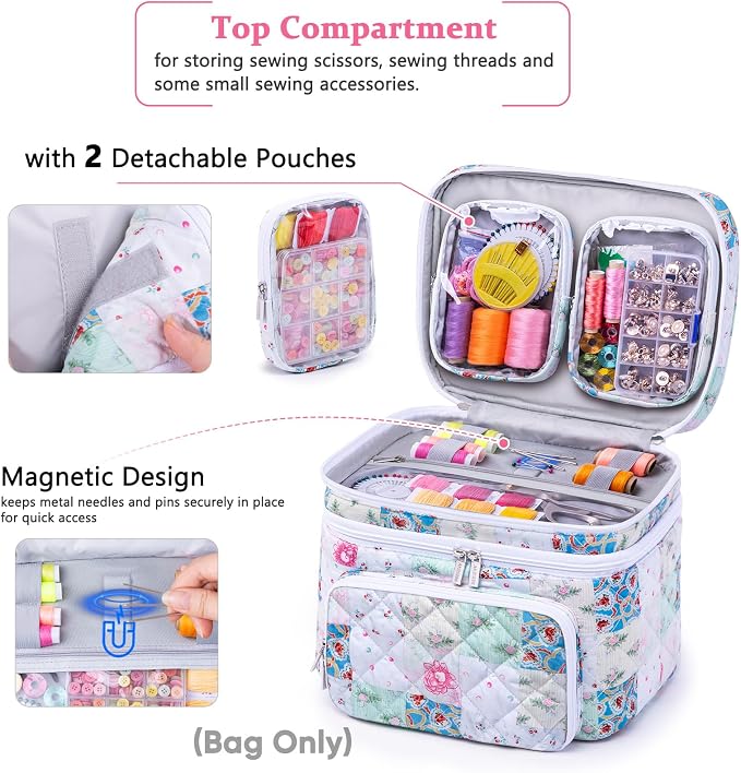 AMOIGEE Double-Layer Sewing Organizer Storage Bag with 2 Detachable Pouches, Large Quilted Sewing Basket for Supplies & Tools, Portable Travel Sewing Kit Case, Gift for Mom(Bag ONLY)