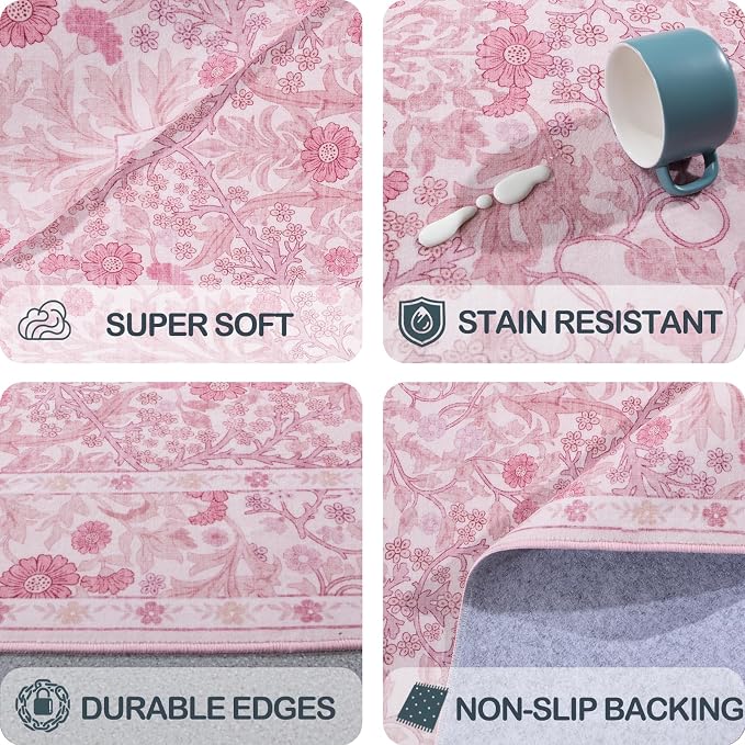 4x6 Area Rug for Bedroom Beside Rug, Laundry Room, Entryway, Kitchen, Washable Non-Slip Low Pile Ultra Soft Stain Resistant Carpet (Pink)